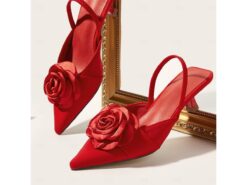 Red Satin Pointed-Kitten Heels with Rose Decoration for Women - Ideal for Weddings and Summer Events 2025 - TheIslandCowGirl