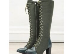 Women's Victorian Vintage Lace-Up Knee-High Boots – Green Suede and Leather, Side Zipper and Chunky Heel – Elegant Retro Style for Special Occasions 2 - TheIslandCowGirl