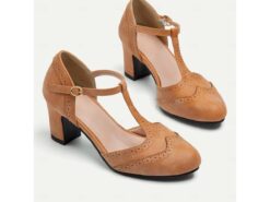 Women's Elegant Vintage T-Strap Chunky Heel Pumps - Brown Brogue Leather Heels for Oktoberfest, Retro and Formal Wear 2025 - TheIslandCowGirl