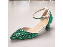 Women's Green Rhinestone Pointed-Toe Heels with Ankle Strap - Glamorous Jewel-Embellished Pumps for Evening and Special Occasions 2025 - TheIslandCowGirl