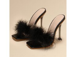 Women's Black Feather Stiletto Heels with Square Toe – Glamorous Wedding Shoes for Brides and Formal Evening Events 2025 - TheIslandCowGirl