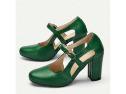 Vintage Green Mary Jane Block Heel Shoes for Women - Chunky High Heels with Buckle Strap, Retro Style Comfortable Leather Pumps 2025 - TheIslandCowGirl