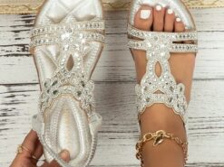 Women's Rhinestone Embellished Silver Sandals – Elegant Summer Flats for Beach, Weddings, and Casual Wear 2025 - TheIslandCowGirl