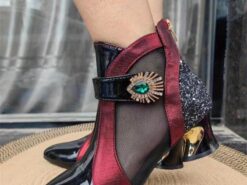 Women's Black and Red Ankle Boots with Mesh Panels and Embellished Heels - Elegant Fashion Footwear for Special Occasions 2025 - TheIslandCowGirl