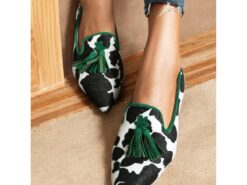 Women's Cow Print Tassel Loafers with Green Trim – Stylish Slip-On Dress Shoes for Casual and Formal Occasions 2025 - TheIslandCowGirl
