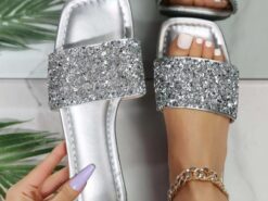 Women's Slippers Bling Bling Shoes Plus Size Beach Slippers Daily Beach Solid Color Plaid Summer Rhinestone Sequin Flat Heel Open Toe Fashion Casual F - TheIslandCowGirl