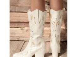 Women's White Western Cowboy Boots with Embroidered Design and Stud Accents – Stylish Block Heel Riding Boots 2025 - TheIslandCowGirl