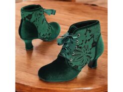 Women's Elegant Green Velvet Lace-Up Ankle Boots with Kitten Heel Floral Lace Detail Comfortable for Parties Victorian Cosplay and Special Occasions - TheIslandCowGirl