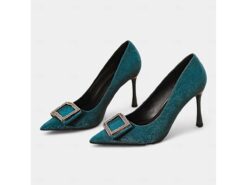 Luxury Women's Teal Velvet Pointed Toe Heels with Crystal Buckle – Elegant Stiletto Shoes for Formal Events, Parties, and Weddings 2025 - TheIslandCowGirl