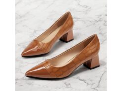 Women's Stylish Brown Crocodile-Embossed Pumps with Block Heel | Perfect for Work and Parties 2025 - TheIslandCowGirl