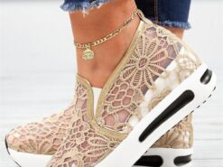 Women's Beige Lace Mesh Slip-On Platform Sneakers with Air Cushion Sole - Stylish and Comfortable Casual Shoes for Daily Wear 2025 - TheIslandCowGirl