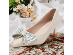 Women's Elegant Cream Kitten Heels with Rhinestone Bow – Stylish and Comfortable Party Shoes 2025 - TheIslandCowGirl
