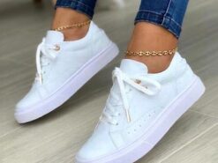 Women's White Casual Lace-Up Sneakers with Cushioned Sole - Trendy Everyday Walking Shoes 2025 - TheIslandCowGirl