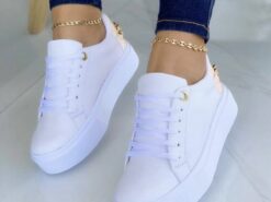 Women's White Platform Sneakers with Gold Accents – Comfortable Lace-Up Casual Shoes for Everyday Wear 2025 - TheIslandCowGirl