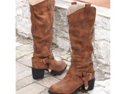 Women's Brown Knee-High Boots with Buckle Details and Block Heels – Stylish Western-Inspired Footwear for Casual and Outdoor Outfits 2025 - TheIslandCowGirl