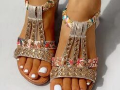 Women's Wedge Sandals with Rhinestone Embellishments – Comfortable Elastic Straps and Floral Patterned Details for Casual Summer Wear 2025 - TheIslandCowGirl