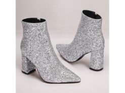 Women's Silver Glitter Ankle Boots with Block Heels, Sparkling and Chic for Parties and Special Occasions 2025 - TheIslandCowGirl