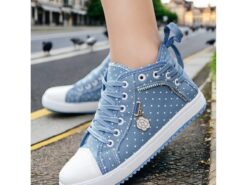 Women's Sneakers Canvas Shoes Daily Travel Polka Dot Flat Heel Round Toe Casual Preppy Canvas Lace-up Dark Blue Light Blue 2025 - TheIslandCowGirl