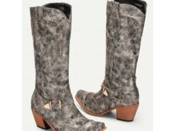 Women's Vintage Western Cowboy Boots - Distressed Metallic Finish with Decorative Buckle and Stacked Heel, Perfect for Country Style and Festivals 202 - TheIslandCowGirl