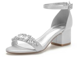 Women's White Blue Rhinestone Embellished Block Heel Wedding Sandals with Ankle Strap - Comfortable Low Heel Elegant Bridal and Evening Shoes 2025 - TheIslandCowGirl