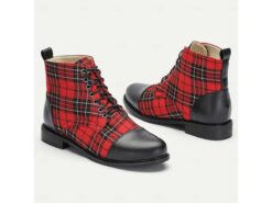 Women's Tartan Plaid Combat Boots with Black Leather Toe Cap - Stylish Lace-Up Ankle Boots for Casual Wear and Festive Occasions 2025 - TheIslandCowGirl