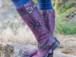 Women's Purple Faux Leather Knee-High Boots with Buckle Straps and Side Zipper, Vintage Style Motorcycle Boots for Outdoor and Casual Wear 2025 - TheIslandCowGirl