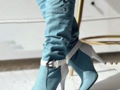 Women's Denim Knee-High Boots with Stiletto Heel and Buckle Strap, Featuring Grommet Detailing and Fashion-Forward Design 2025 - TheIslandCowGirl