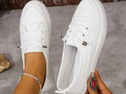 Women's Sneakers White Shoes Outdoor Daily Summer Flat Round Toe Fashion Sporty Casual Walking Canvas Lace-up White Sneakers 2025 - TheIslandCowGirl