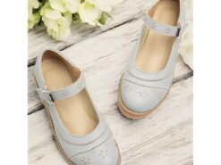 Women's Vintage Mary Jane Flats - Grey Leather with Cutout Floral Design and Buckle Strap, Perfect for Casual and Formal Wear 2025 - TheIslandCowGirl