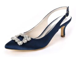 Women's Navy Blue Satin Slingback Kitten Heel with Rhinestone Buckle - Elegant Bridal or Evening Shoes for Weddings and Special Occasions 2025 - TheIslandCowGirl