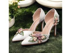 Women's White Wedding Heels with Floral Embellishments - Elegant Pointed Toe Design, Ankle Strap, and Stiletto Heel, Perfect for Bridal and Special Oc - TheIslandCowGirl