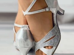 Women's Silver Glitter Open-Toe Latin Dance Shoes - Rhinestone Embellished Ankle Strap Sandals for Ballroom and Party Events 2025 - TheIslandCowGirl