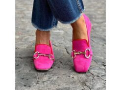 Women's Fuchsia Suede Loafers with Gold Metal Accent – Elegant Slip-On Shoes for Casual or Formal Wear 2025 - TheIslandCowGirl