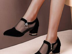 Women's Mesh Panel Chunky Heel Dress Shoes - Elegant Black Formal Pumps with Zipper and Ring Detail 2025 - TheIslandCowGirl