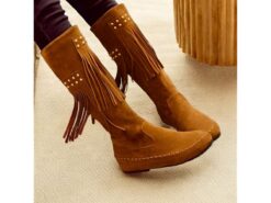 Women's Faux Suede Fringe Boots with Studded Details – Retro Western Style Knee-High Moccasin Boots for Casual or Festival Wear 2025 - TheIslandCowGirl