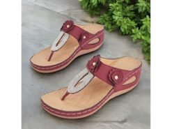 Women's Burgundy Floral Embellished T-Strap Sandals with Rhinestone Accents – Comfortable Summer Footwear for Casual and Beach Outings 2025 - TheIslandCowGirl