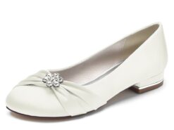 White Satin Wedding Flats for Women with Flower Embellishment and Low Heel, Comfortable Bridal Shoes 2025 - TheIslandCowGirl