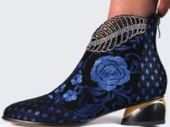 Women's Rhinestone Embellished Floral Jacquard Ankle Boots - Elegant Blue Velvet Heels for Evening Events 2025 - TheIslandCowGirl