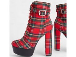Women's Red Tartan Platform Ankle Boots - Chunky Heel Plaid Lace-Up Boots with Side Zipper for Punk and Alternative Fashion 2025 - TheIslandCowGirl