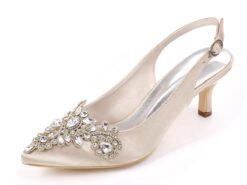 Women's Champagne Satin Slingback Heels with Rhinestone Embellishments - Elegant Bridal Shoes for Weddings and Formal Events 2025 - TheIslandCowGirl