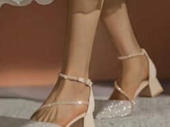 Women's Glitter Mesh Pointed Toe Block Heels with Ankle Strap – Elegant Bridal or Party Shoes 2025 - TheIslandCowGirl