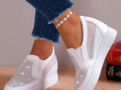 Women's White Slip-On Sneakers with Rhinestone Mesh Design - Comfortable and Stylish for Casual Wear 2025 - TheIslandCowGirl