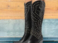Women's Black Studded Faux Leather Knee-High Boots with Block Heels - Western Style Fashion Footwear for Fall and Winter 2025 - TheIslandCowGirl