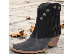 Women's Black Fringe Western Ankle Boots with Studded Accents – Vintage Style Cowgirl Booties for Casual and Festival Wear 2025 - TheIslandCowGirl