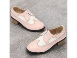 Women's Vintage Two-Tone Oxford Shoes - Pink and White Brogue Lace-Up Low Heel for Retro Style and Everyday Wear 2025 - TheIslandCowGirl