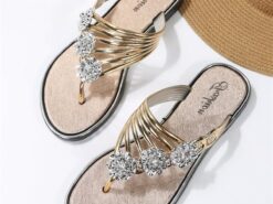 Women's Rhinestone Embellished Gold Slip-On Sandals, Stylish Flat Summer Shoes for Beach, Casual, and Vacation Wear 2025 - TheIslandCowGirl