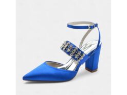Women's Black Satin Pointed Toe Heels – Rhinestone Embellished Ankle Strap Chunky Heels for Evening Parties and Weddings 2025 - TheIslandCowGirl