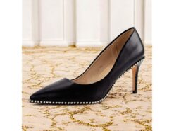 Women's Black Leather Stiletto Heels - Elegant Pointed-Toe Pumps with Pearl Trim for Weddings and Formal Occasions 2025 - TheIslandCowGirl