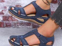 Women's Navy Blue Closed-Toe Casual Sandals with Embroidered Cut-Out Design and Adjustable Velcro Strap – Comfortable Summer Shoes for Everyday Wear 2 - TheIslandCowGirl