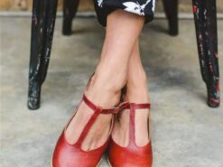 Women's Red Leather T-Strap Flats with Buckle Closure - Vintage-Inspired Casual Shoes 2025 - TheIslandCowGirl